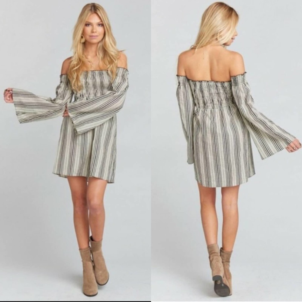 Show Me Your MuMu Sandra Smocked Off The Shoulder Striped Mini Dress Small - Picture 9 of 9